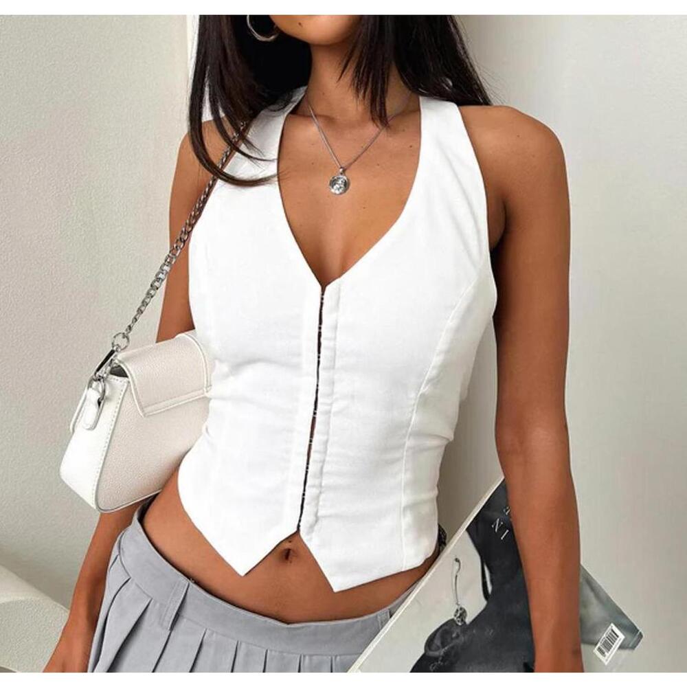 White V-Neck Halter Corset Top - Women's